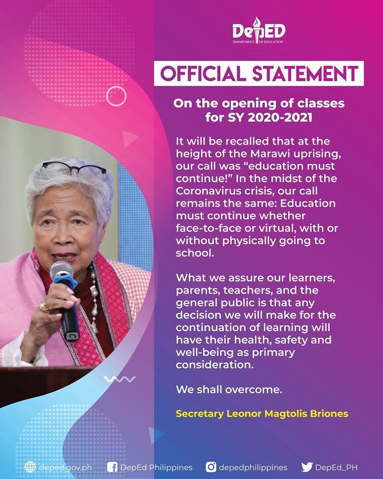 Deped Secretary Briones Official Statement on the Opening of Classes